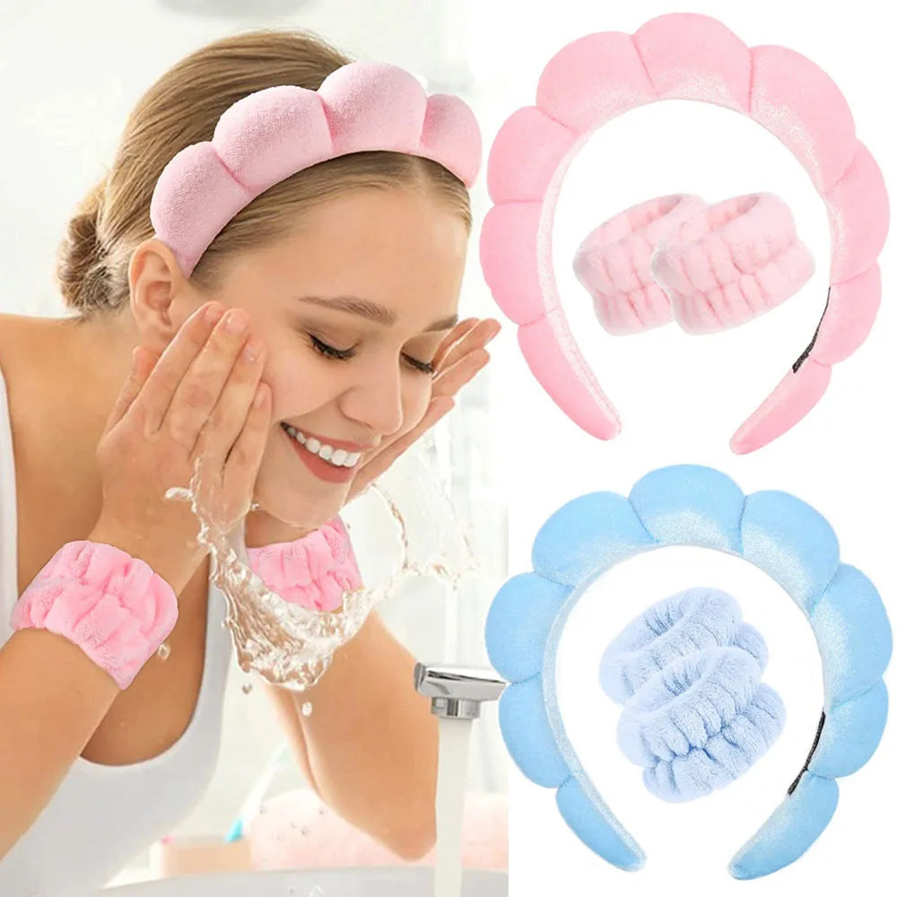 LuxuryGlow 3Pcs Microfiber Headband & Wristbands Set — Face Washing, Spa & Skincare