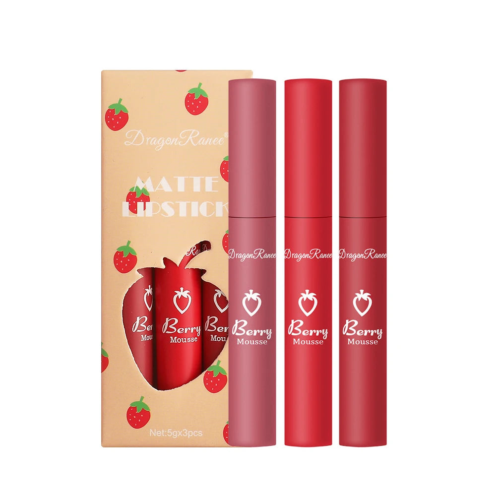 Dragon Ranee - Set de 3 brillos labiales mate de fresa aterciopelados: resistentes al agua y de larga duración