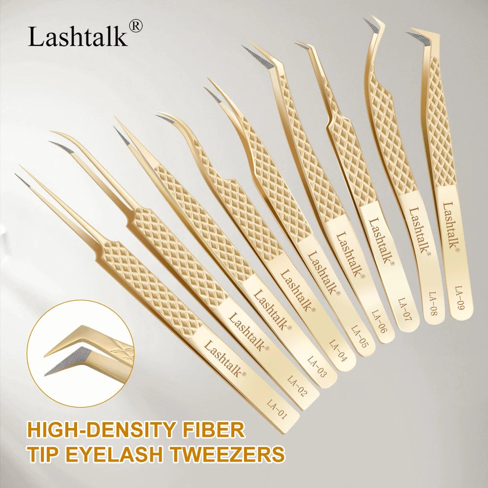 Pinzas para pestañas Lashtalk Precision con punta de fibra: antideslizantes, agarre de diamante y acabado dorado premium