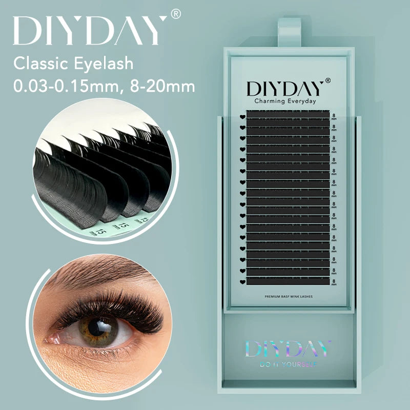 DIYDAY Classic Individual Eyelash Extensions – 16 Rows Matte Black Soft Mink Look C60
