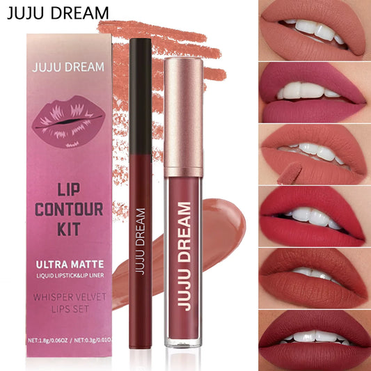 JUJU DREAM 6-Color Matte Lip Liner & Lipstick Pencil Set – 2-in-1 Waterproof, Long-Lasting, Smudge-Proof
