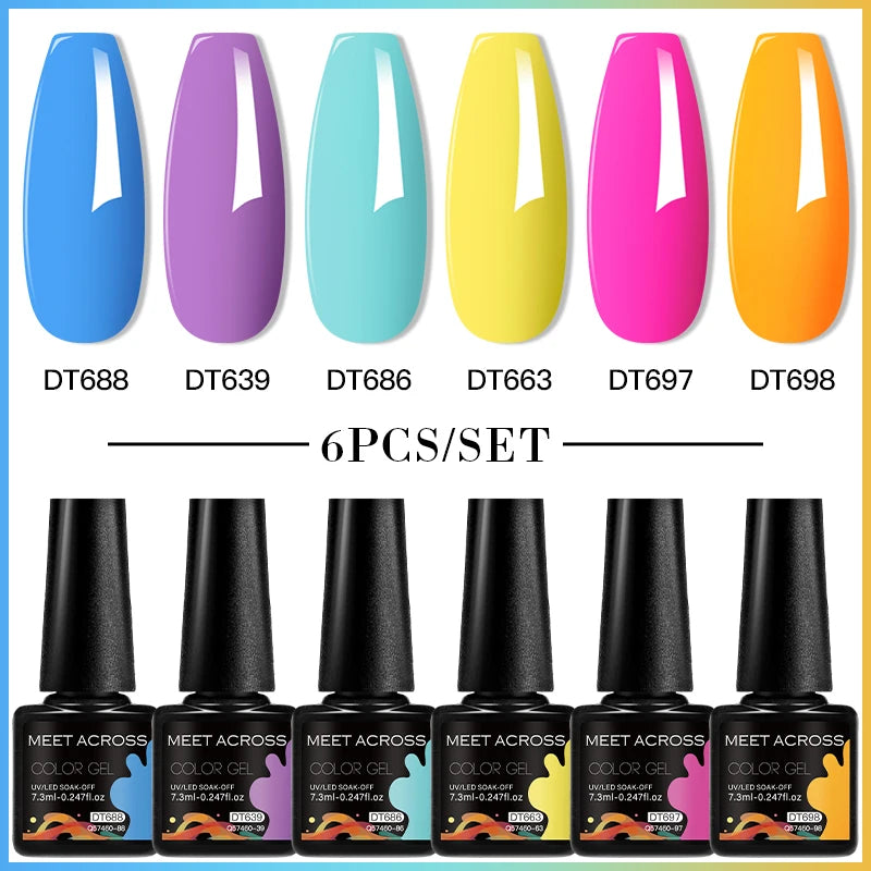 MEET ACROSS 6PC UV LED Gel Nail Polish Set – Soak Off Semi-Permanent Manicure Kit (7ml Each) C103