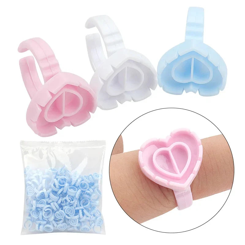EOEKKY 100 PCS Disposable Heart-Shaped Glue Rings – Lash Extension & Tattoo Ink Cups