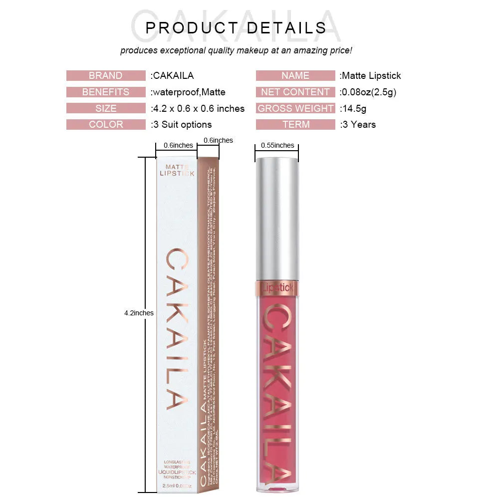CAKAILA Waterproof Lipstick — Nude, Brown & Matte Red | 24-Hour Long-Lasting