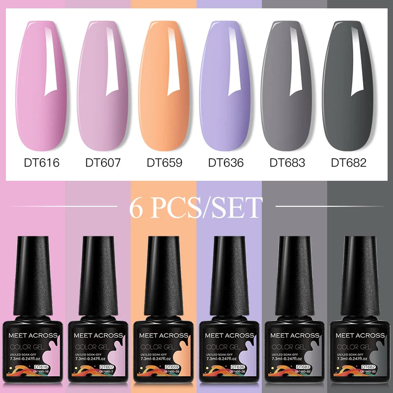 MEET ACROSS 6PC UV LED Gel Nail Polish Set – Soak Off Semi-Permanent Manicure Kit (7ml Each) C50