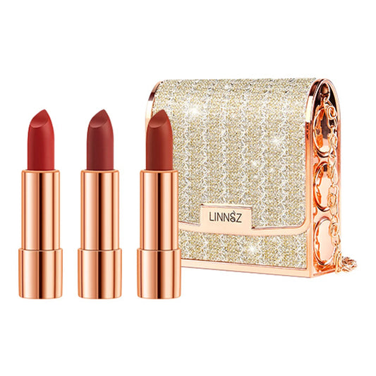 LUXURYTO  3PCS Matte Lipstick Set with Silver Chain Bag – Long-Lasting & Waterproof