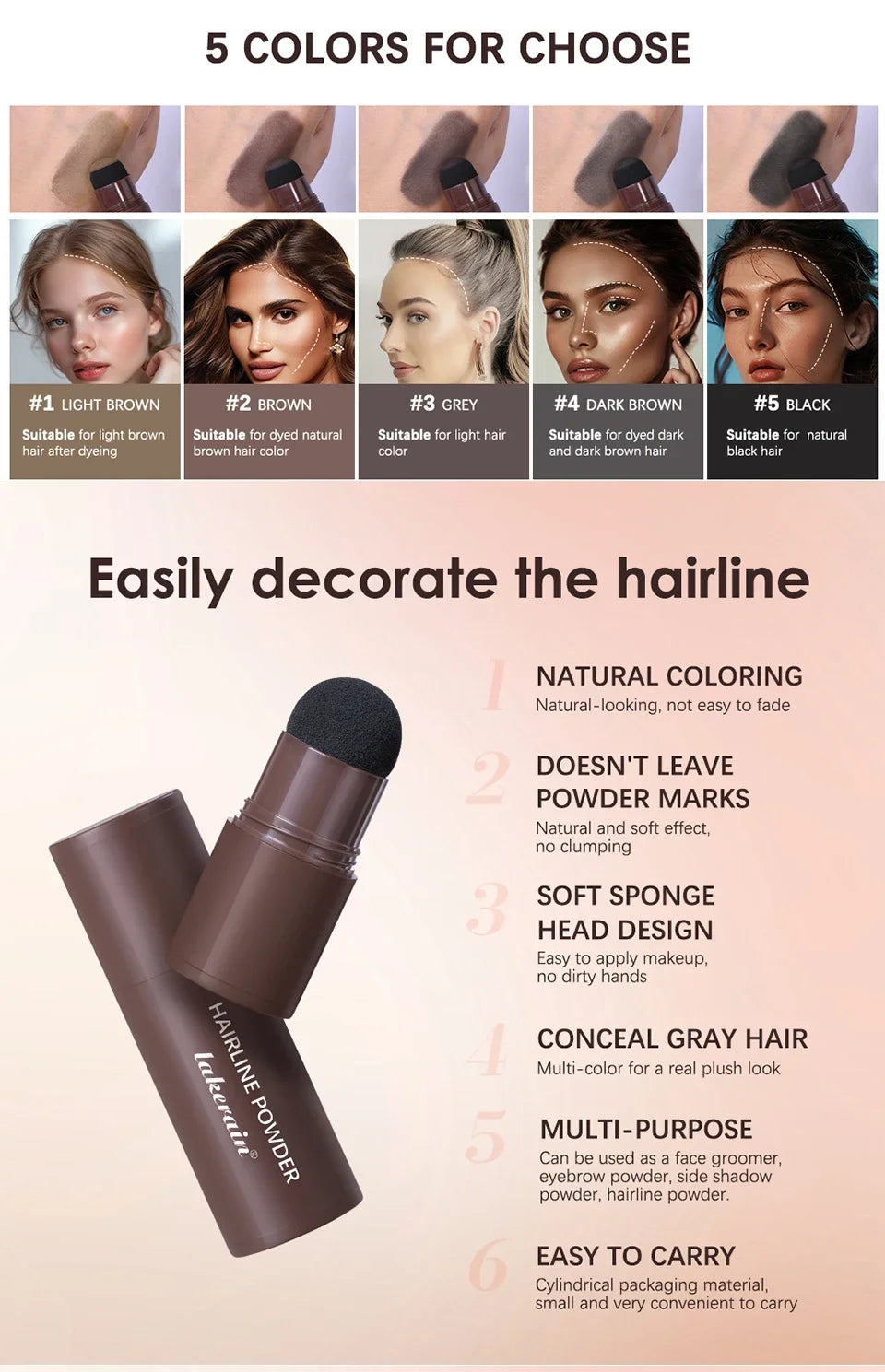 Lápiz corrector de raíces y líneas capilares LuxuryGlow resistente al agua: polvo en barra con cobertura instantánea de canas