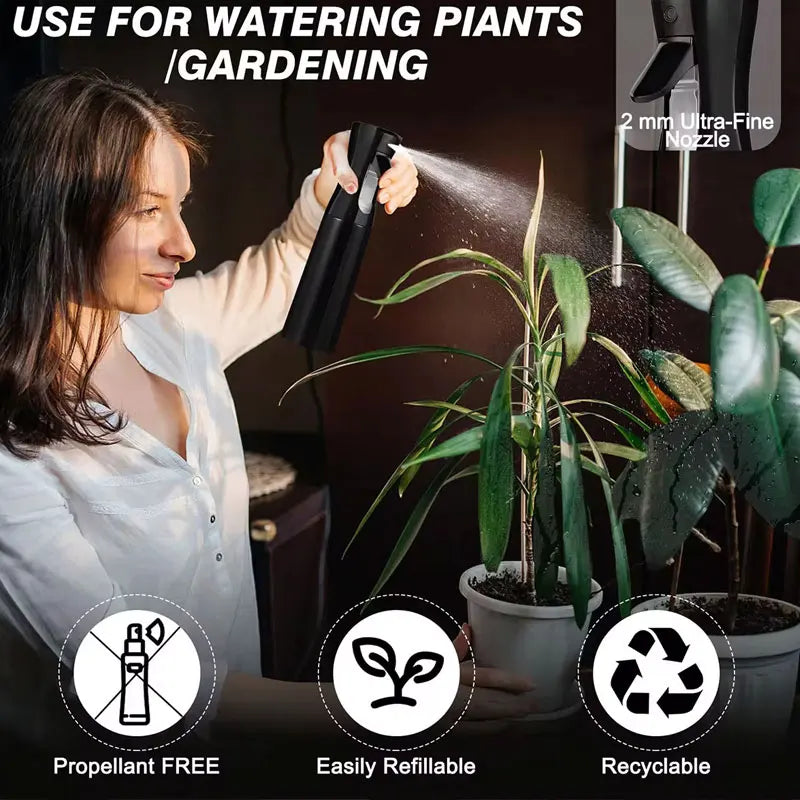 Botella pulverizadora continua de alta presión LuxuryGlow: atomizador recargable para cabello y plantas