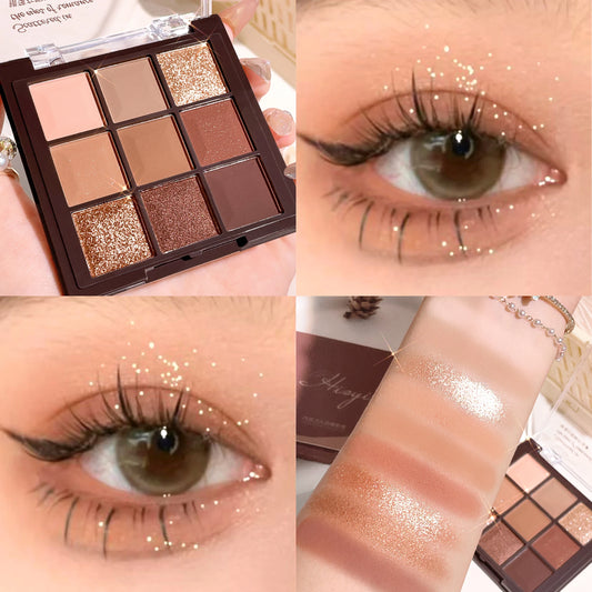 Paleta de sombras de ojos HISYI Chocolate de 9 colores: tonos tierra mate, brillantes y con brillo