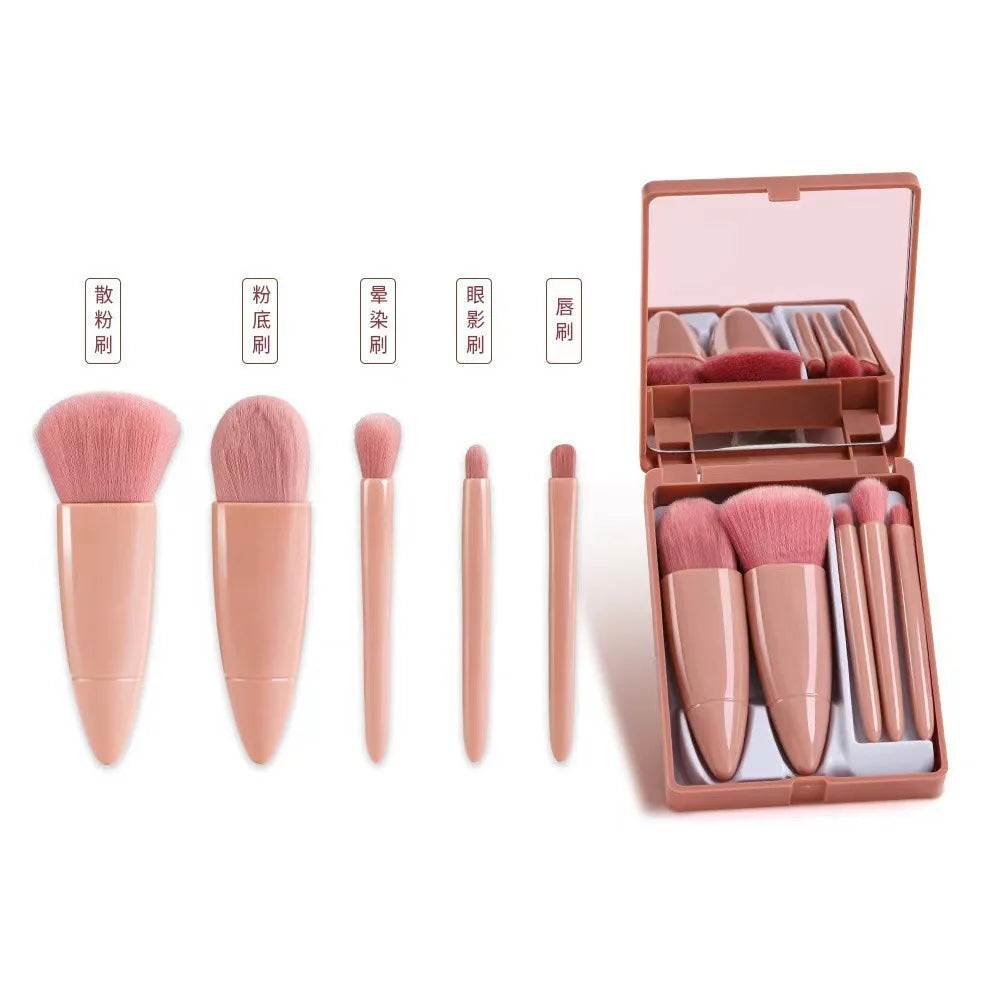 Juego de 5 mini brochas de maquillaje LuxuryGlow con estuche de espejo rosa: brochas de fibra de lana suaves y fáciles de transportar.