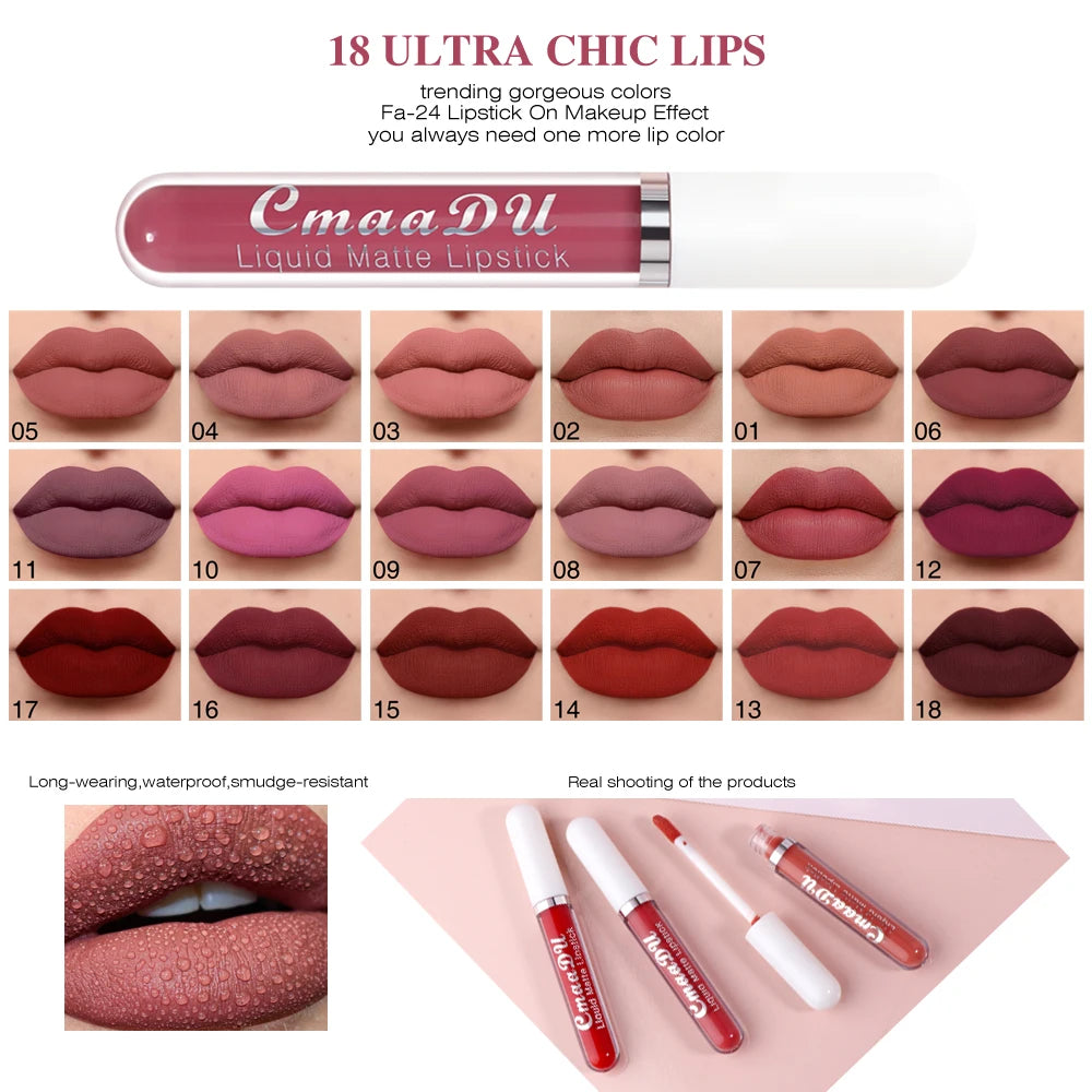 Brillo labial mate CmaaDu: labial resistente al agua y de larga duración en intensos tonos rojos.
