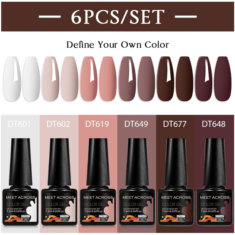 MEET ACROSS 6PC UV LED Gel Nail Polish Set – Soak Off Semi-Permanent Manicure Kit (7ml Each) C50