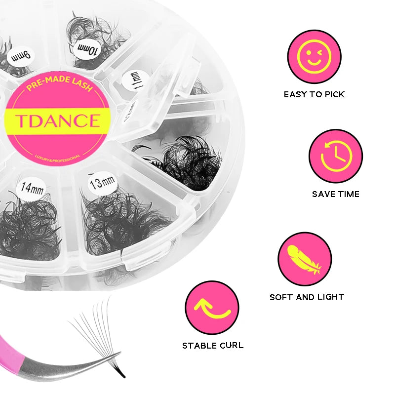 TDANCE 1000 Premade Loose Volume Lash Fans | Mixed Length 8–15mm | Pointy Base Medium Stem