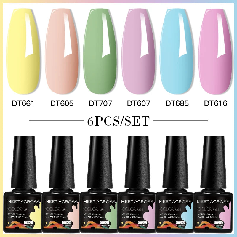 MEET ACROSS 6PC UV LED Gel Nail Polish Set – Soak Off Semi-Permanent Manicure Kit (7ml Each) C103