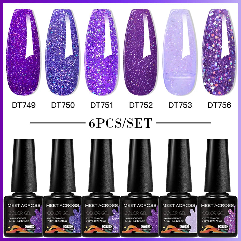 MEET ACROSS 6PC UV LED Gel Nail Polish Set – Soak Off Semi-Permanent Manicure Kit (7ml Each) C25