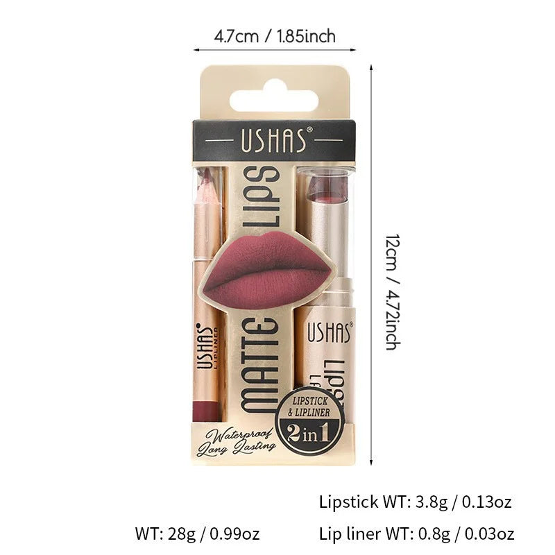 Set de delineador y lápiz labial USHAS de 12 colores: combinación mate de larga duración