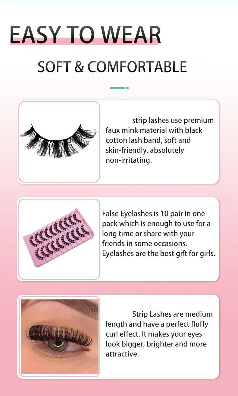 EOEKKY Hot Selling 10 Pairs Russian Volume Wispy Eyelashes – Mixed Styles, Natural Look