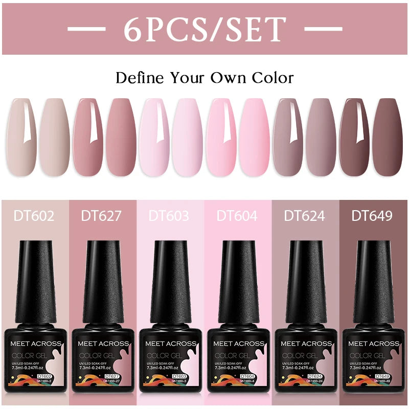 MEET ACROSS 6PC UV LED Gel Nail Polish Set – Soak Off Semi-Permanent Manicure Kit (7ml Each) C50