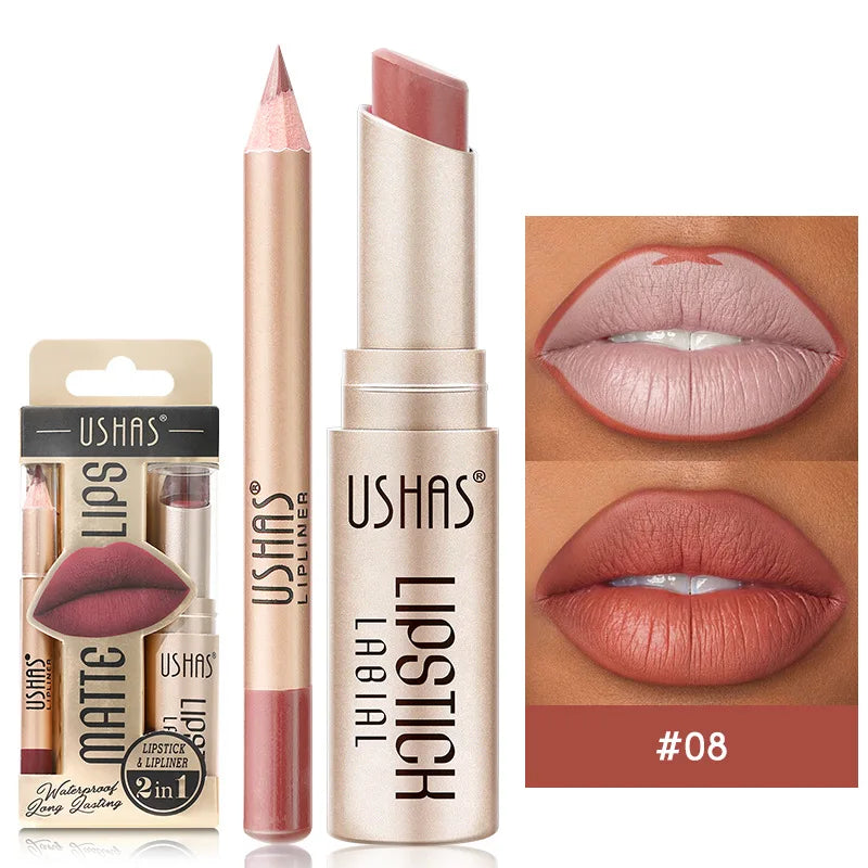 Set de delineador y lápiz labial USHAS de 12 colores: combinación mate de larga duración