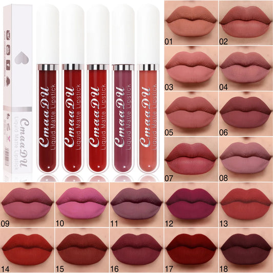Brillo labial mate CmaaDu: labial resistente al agua y de larga duración en intensos tonos rojos.