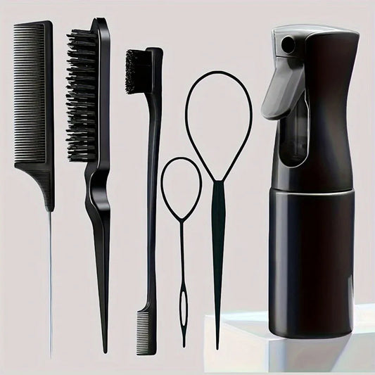 Juego de 6 herramientas de peinado LuxuryGlow: peines, cepillos y pulverizador para peluqueros.