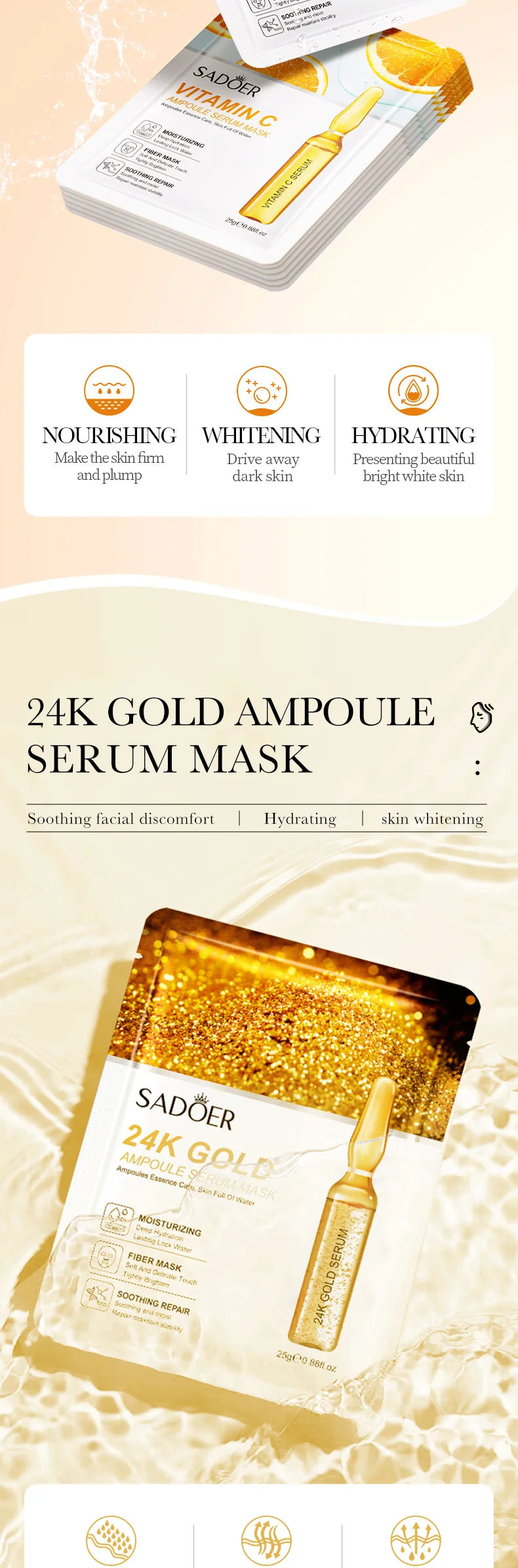 SADOER 15PCS 24K Gold Hyaluronic Acid Face Masks – Firming & Hydrating Skincare Set