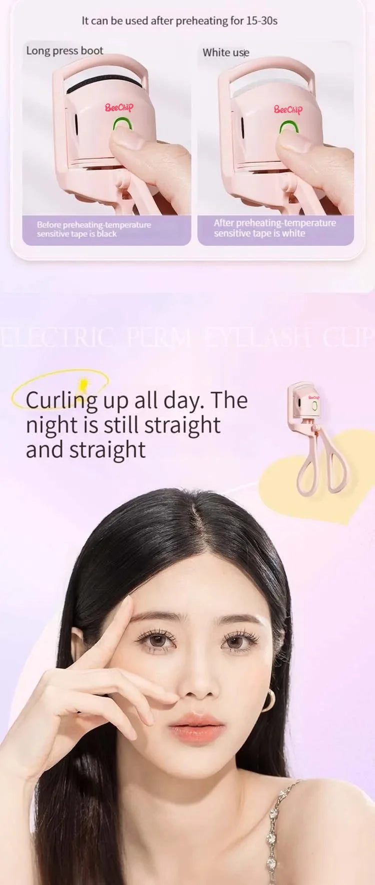 BeeChip Rechargeable Pink Electric Eyelash Curler – Fast Heating & Long-Lasting Curls