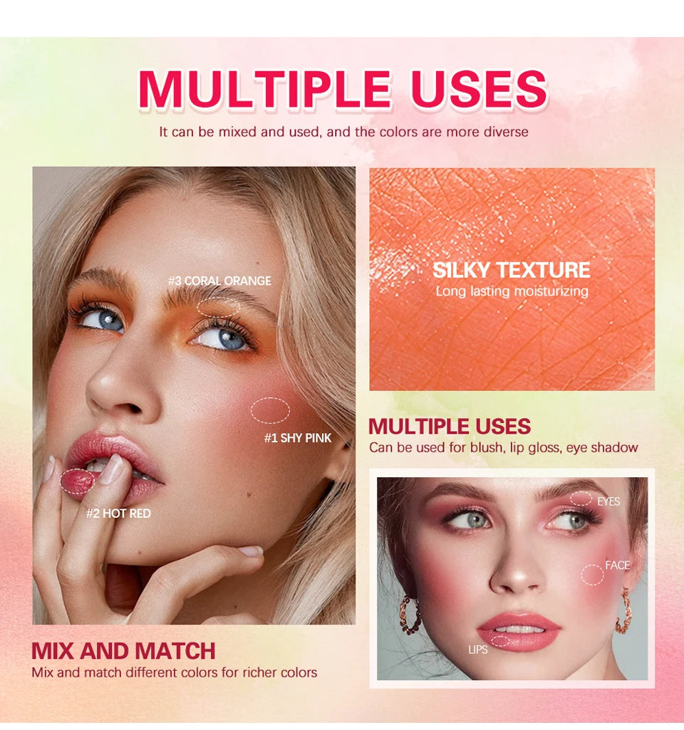 أحمر خدود مرطب ملون 3 في 1 من ibcccndc - لون مقاوم للماء للخدود والشفاه والعينين