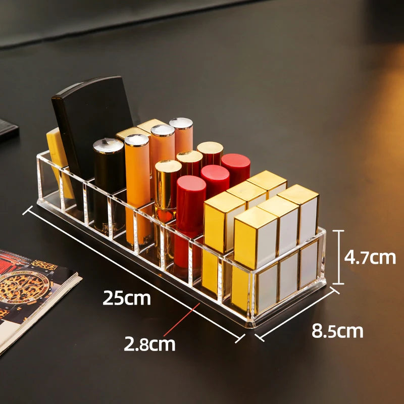Caja de almacenamiento de cosméticos acrílica LuxuryGlow de 8 compartimentos: organizador de maquillaje para polvos, labiales y esmaltes de uñas
