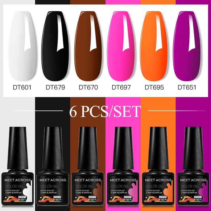 MEET ACROSS 6PC UV LED Gel Nail Polish Set – Soak Off Semi-Permanent Manicure Kit (7ml Each) C75