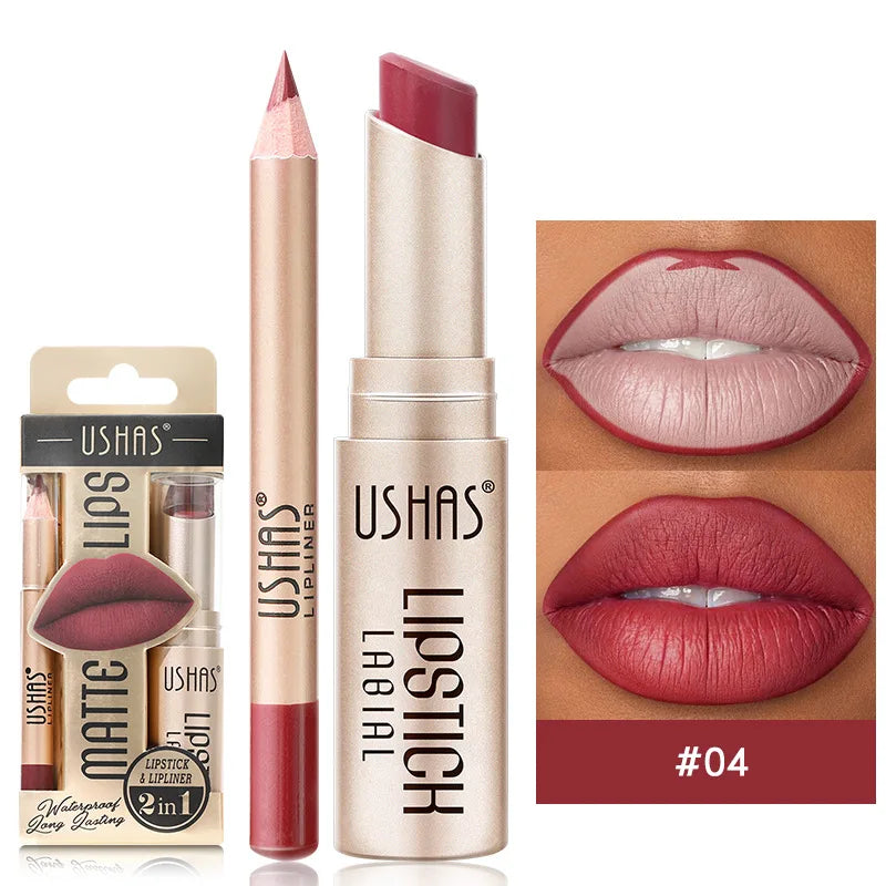 Set de delineador y lápiz labial USHAS de 12 colores: combinación mate de larga duración