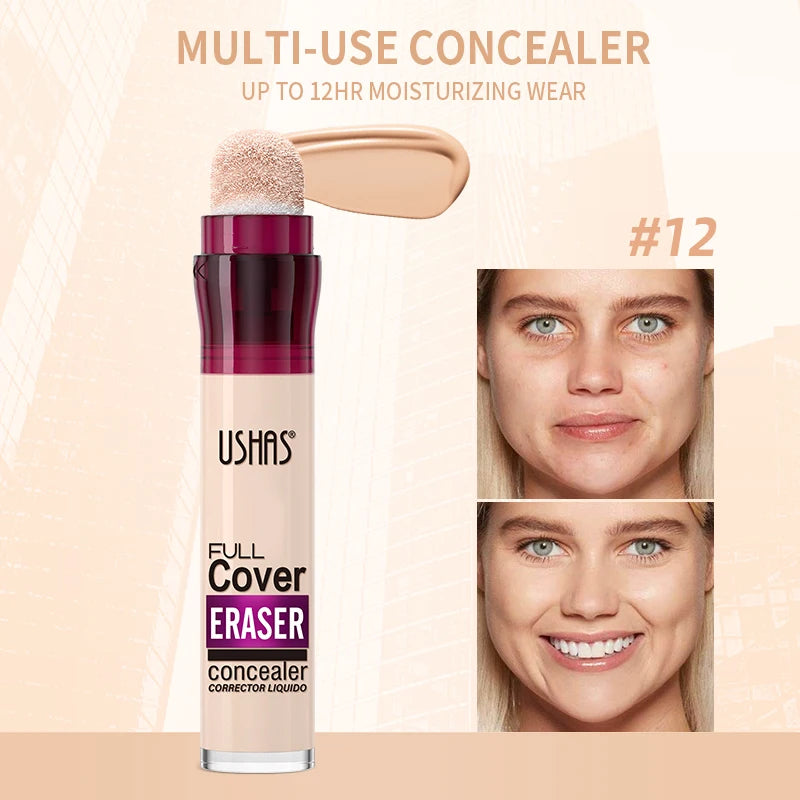 USHAS 12-Color Liquid Concealer with Rotating Sponge – Lightweight, Long-Lasting & Moisturizing Foundation