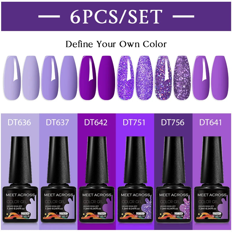 MEET ACROSS 6PC UV LED Gel Nail Polish Set – Soak Off Semi-Permanent Manicure Kit (7ml Each) C103