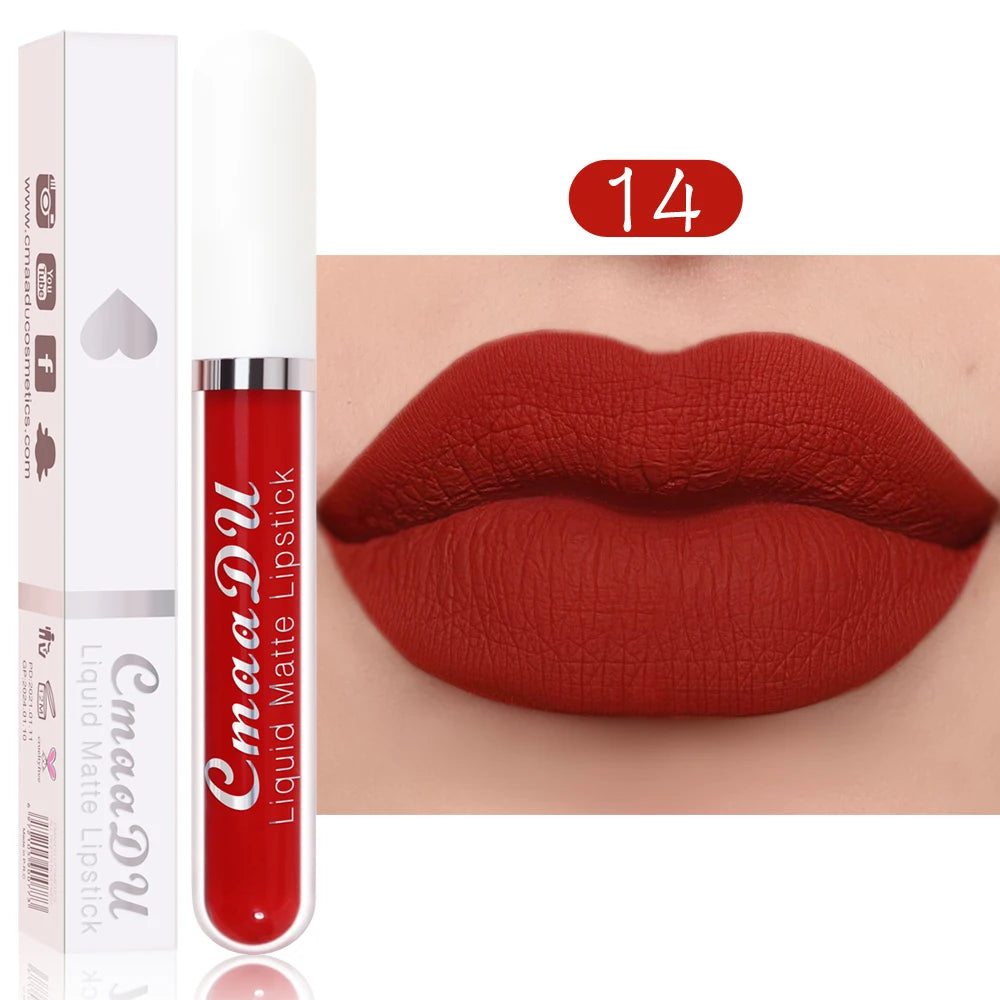Brillo labial mate CmaaDu: labial resistente al agua y de larga duración en intensos tonos rojos.