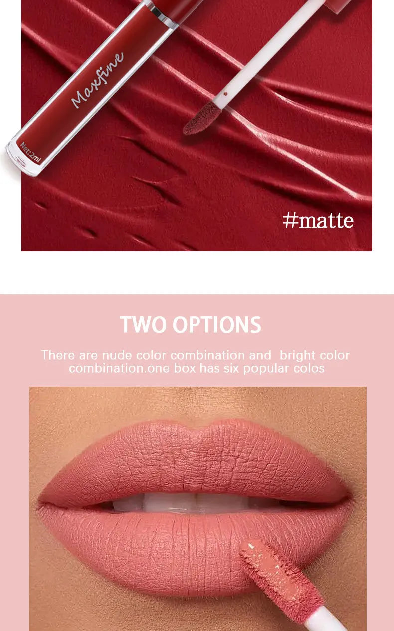 Set de brillo labial mate MAXFINE: 6 labiales resistentes al agua y de larga duración en caja de regalo