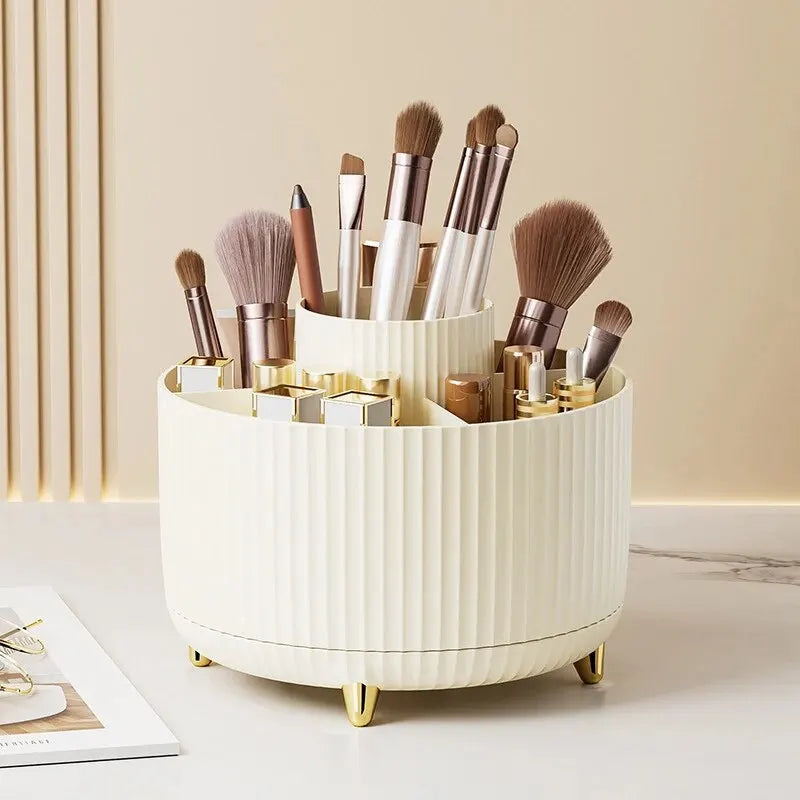 LuxuryGlow Rotating Makeup Brush Organizer – 360° Cosmetic Storage Box for Vanity Desk