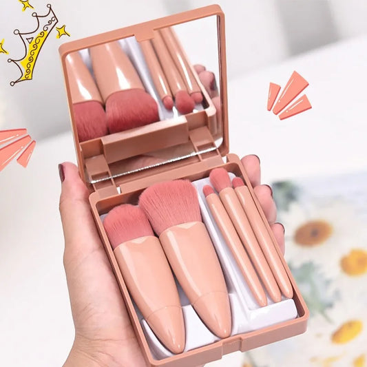 Juego de 5 mini brochas de maquillaje LuxuryGlow con estuche de espejo rosa: brochas de fibra de lana suaves y fáciles de transportar.