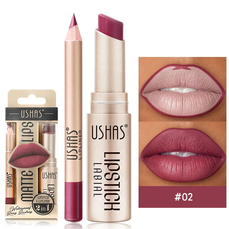 Set de delineador y lápiz labial USHAS de 12 colores: combinación mate de larga duración