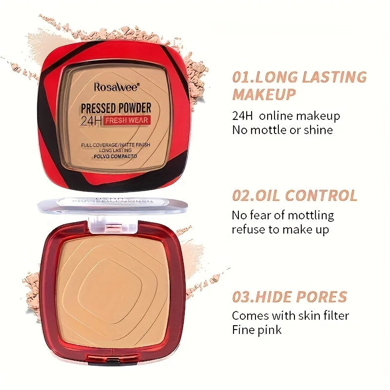 Base de maquillaje en polvo compacto mate Rosawee: cobertura total 24 horas y control de grasa