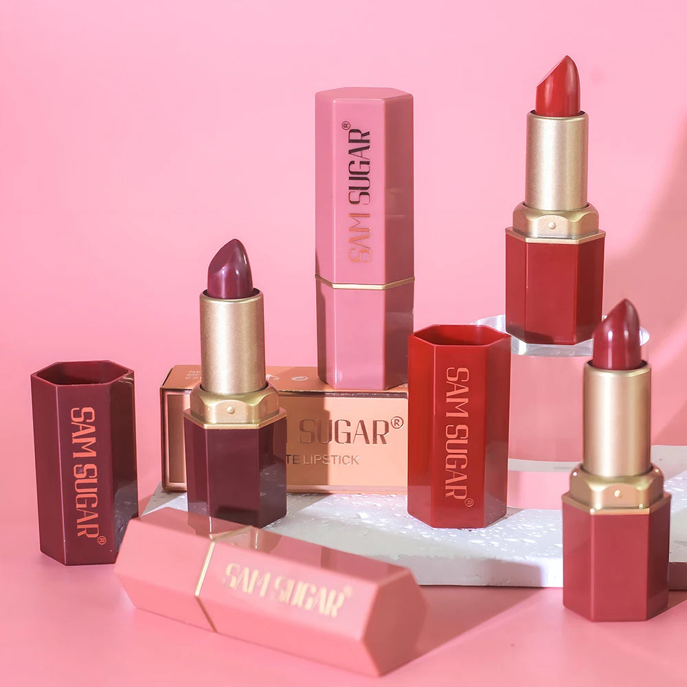 Lápiz labial mate SAM SUGAR de 6 colores: duradero, antiadherente y con acabado aterciopelado (resistente al agua y a las manchas)