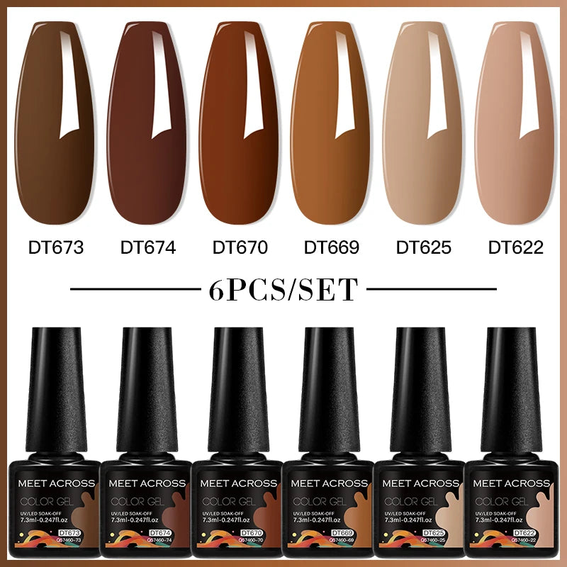 MEET ACROSS 6PC UV LED Gel Nail Polish Set – Soak Off Semi-Permanent Manicure Kit (7ml Each) C25