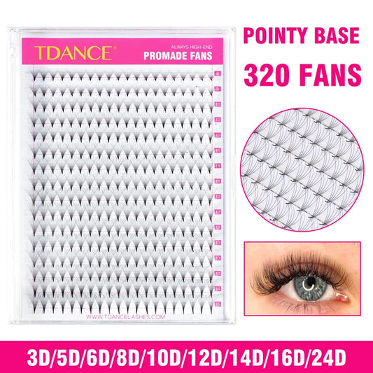 TDANCE 320 Premade Volume Lash Fans | 16-Line Tray | 3D–24D Pointy Base Faux Mink Extensions