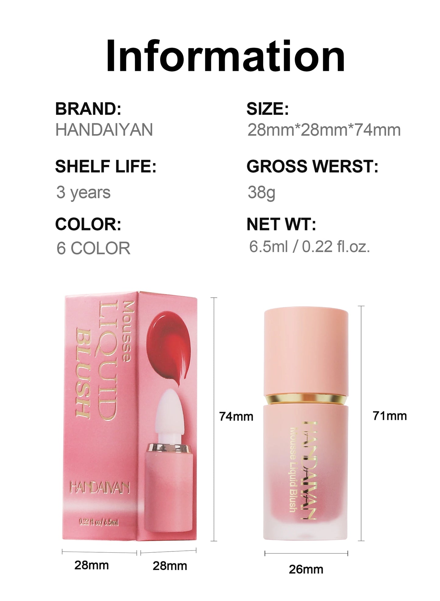 أحمر خدود سائل مطفي من هانديان بستة ألوان - يدوم طويلًا، مقاوم للماء، مع إسفنجة تطبيق