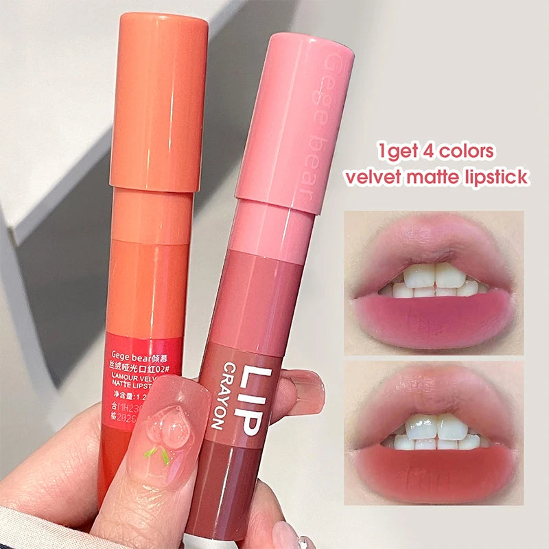 Lápiz labial LuxuryGlow Matte Velvet Mist de 4 colores: resistente al agua, duradero e hidratante.