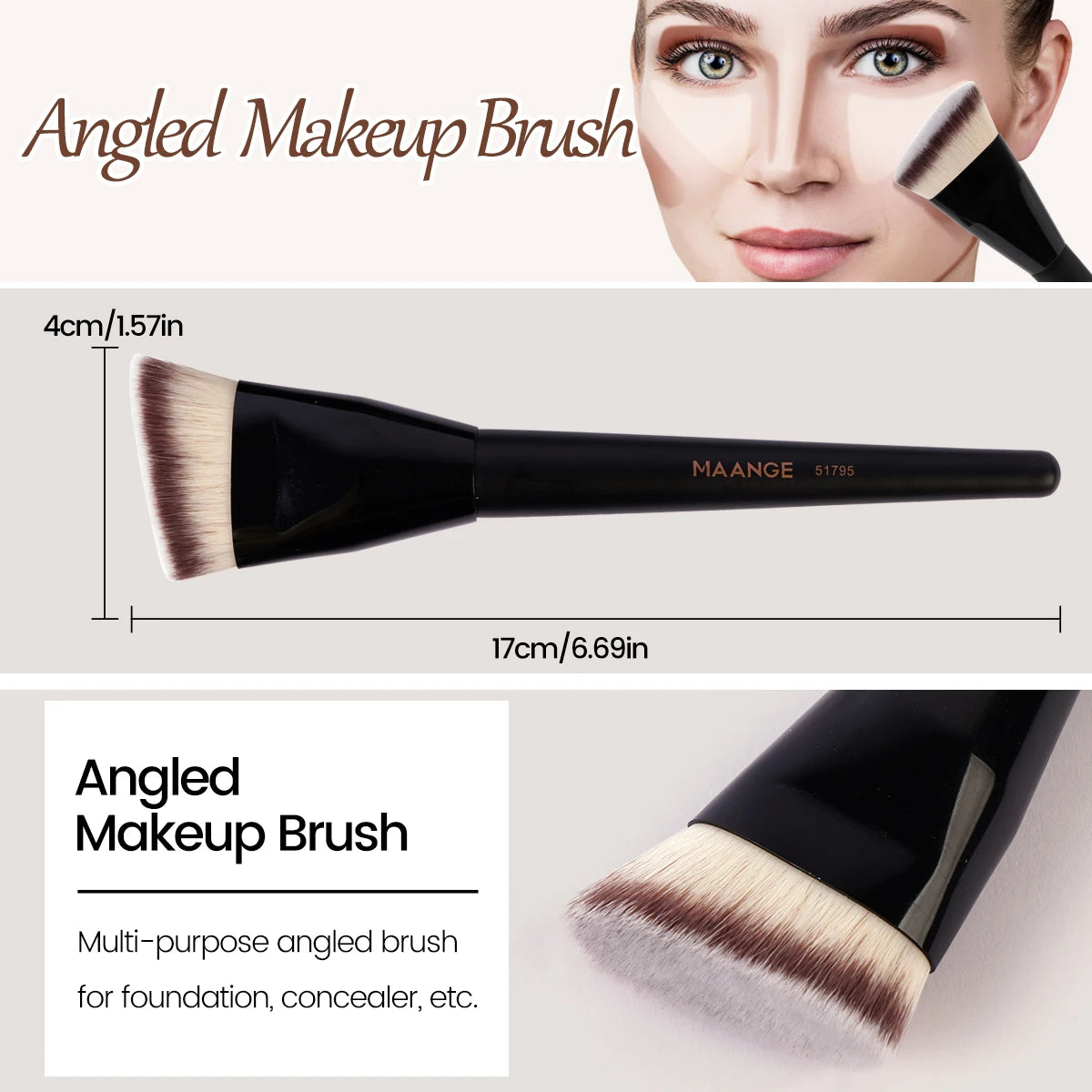 MAANGE 3pcs Foundation Makeup Brush Set – Flat, Angled & Round with Case