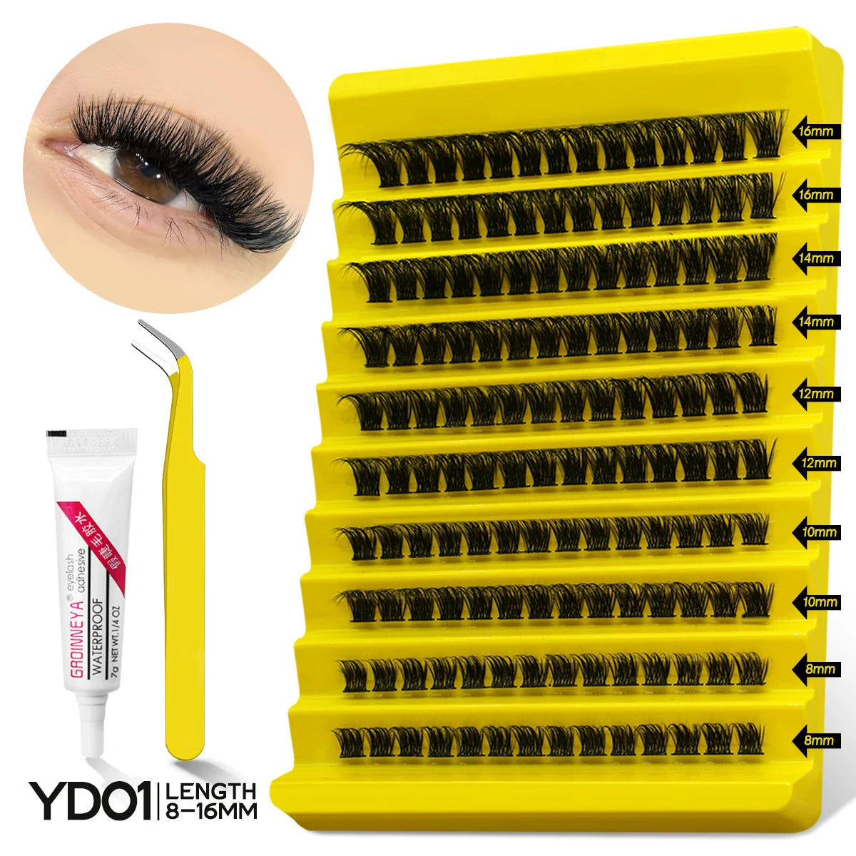 GROINNEYA DIY Lash Extension Kit – Natural Look Clusters with Bond & Seal, Tweezers Included
