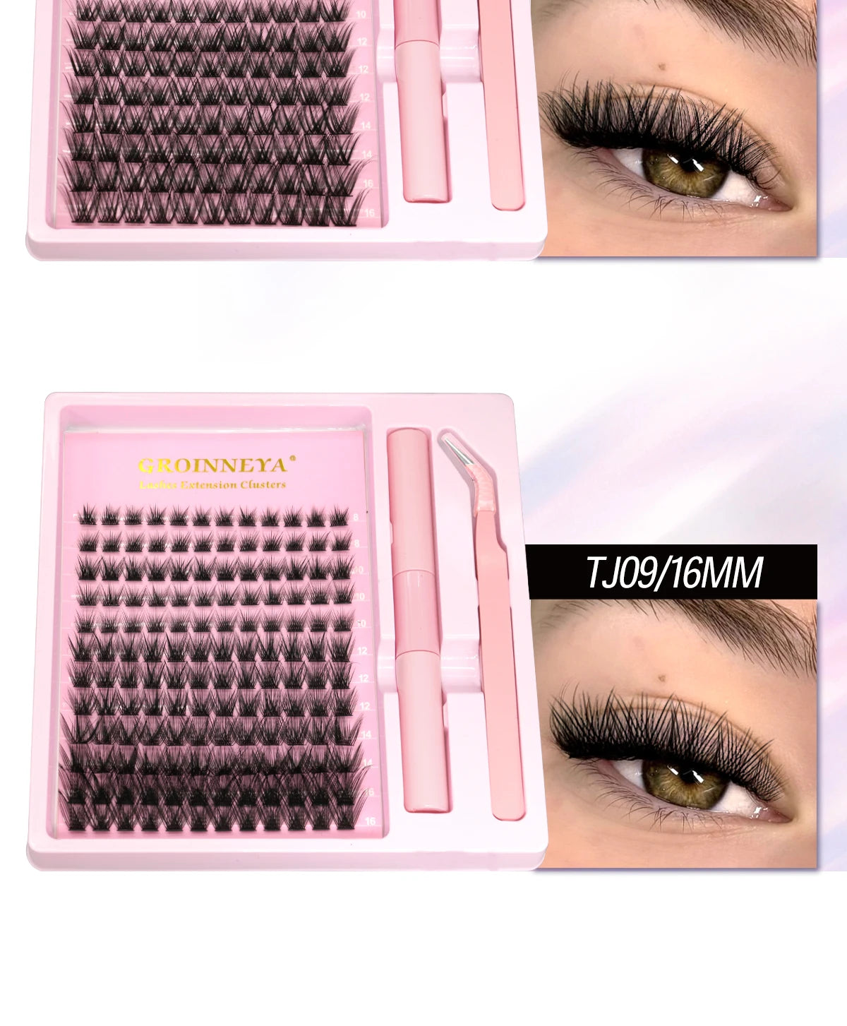 GROINNEYA DIY Lash Extension Kit – Natural Look Clusters with Bond & Seal, Tweezers Included