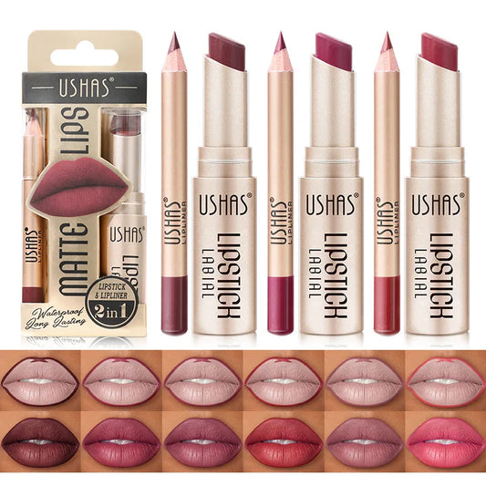 Set de delineador y lápiz labial USHAS de 12 colores: combinación mate de larga duración
