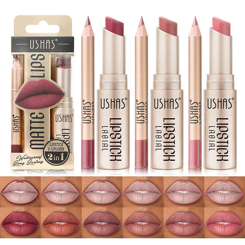 Set de delineador y lápiz labial USHAS de 12 colores: combinación mate de larga duración