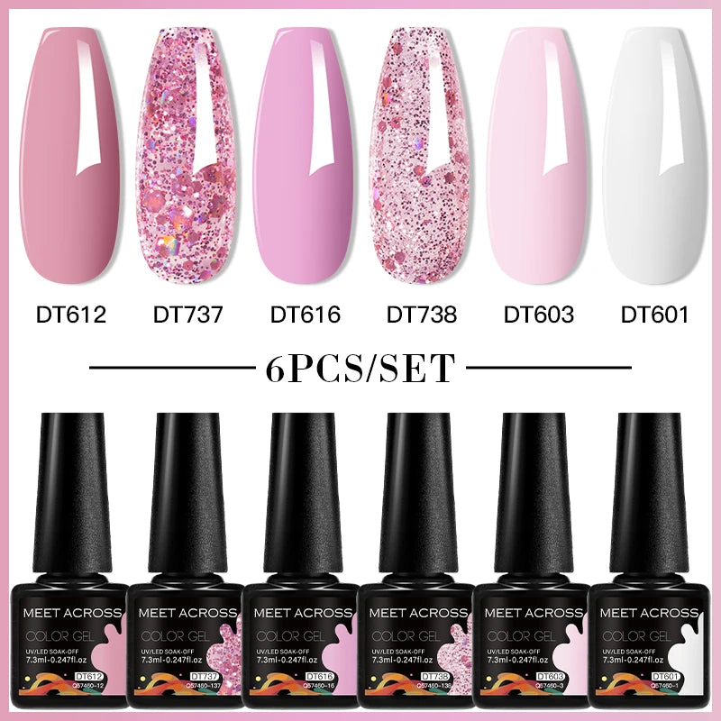 MEET ACROSS 6PC UV LED Gel Nail Polish Set – Soak Off Semi-Permanent Manicure Kit (7ml Each) C103
